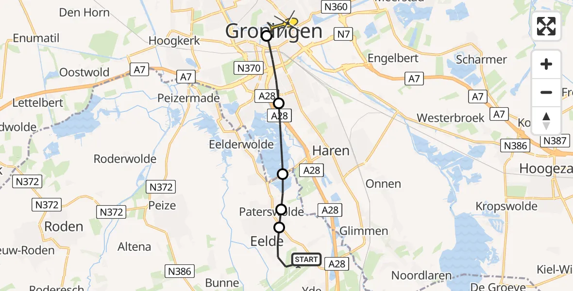 Routekaart van de vlucht: Lifeliner 4 naar Universitair Medisch Centrum Groningen, Molenweg