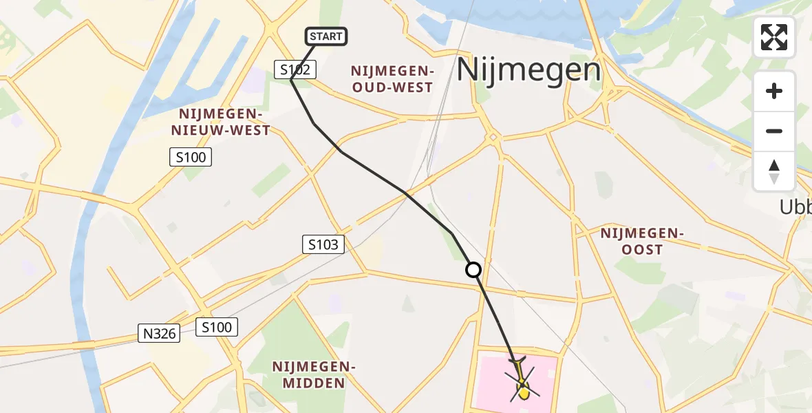 Routekaart van de vlucht: Lifeliner 3 naar Radboud Universitair Medisch Centrum, Fuchsiastraat