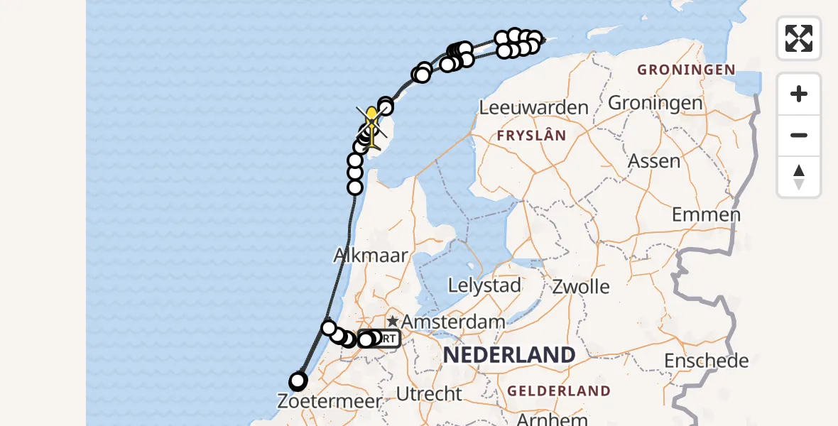 Routekaart van de vlucht: Politiehelikopter naar De Koog, Amsterdam-Bataviaweg