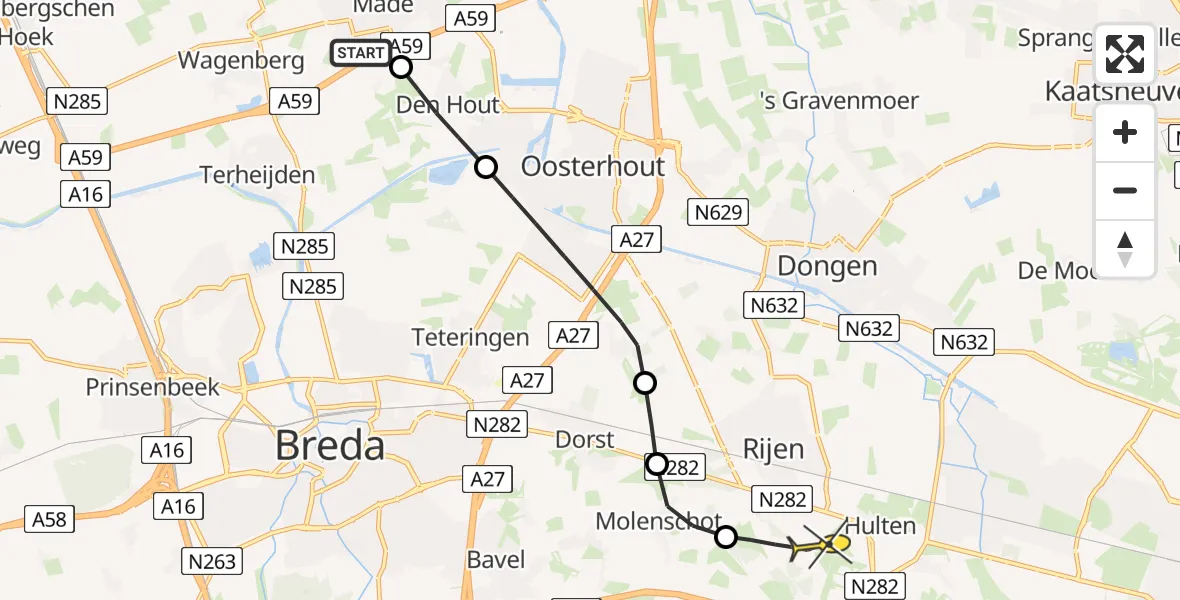Routekaart van de vlucht: Lifeliner 2 naar Vliegbasis Gilze-Rijen, Moerstraat