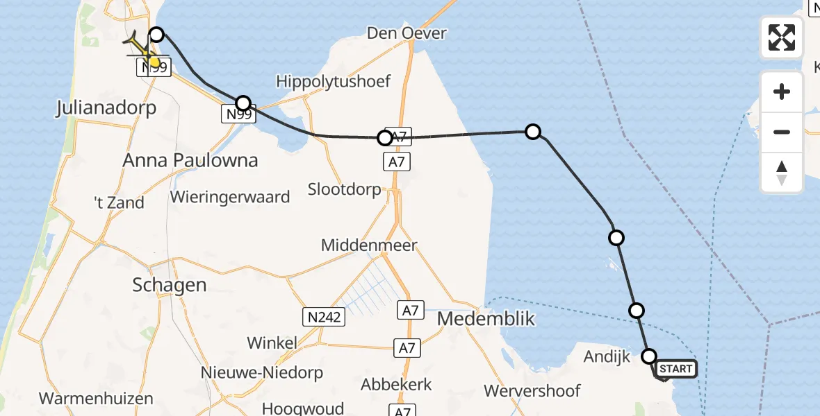 Routekaart van de vlucht: Kustwachthelikopter naar Vliegveld De Kooy, Oosterdijk