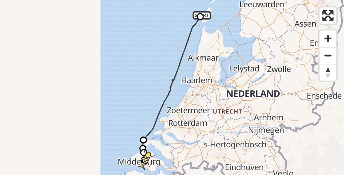 Routekaart van de vlucht: Politieheli naar Vliegveld Midden-Zeeland, Calandweg