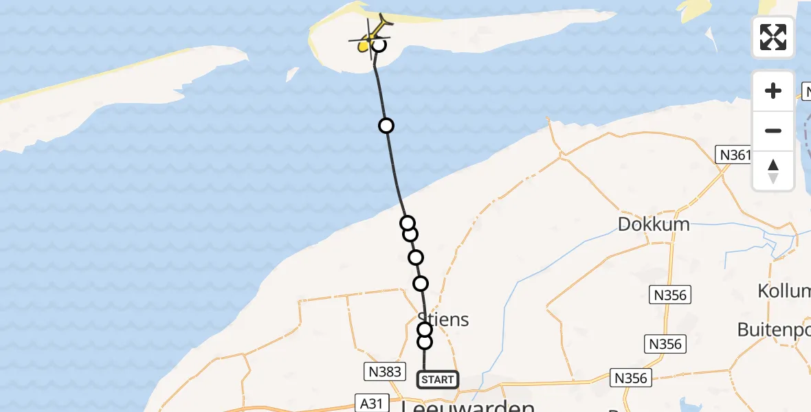 Routekaart van de vlucht: Ambulanceheli naar Ameland Airport Ballum, Keegsdijkje