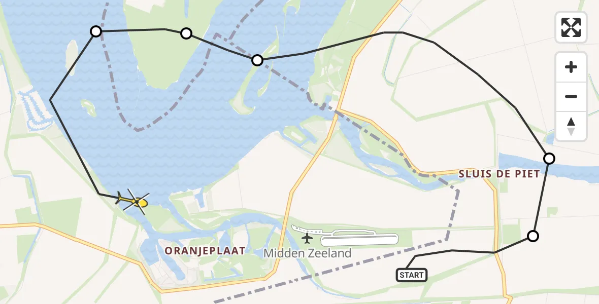 Routekaart van de vlucht: Kustwachthelikopter naar Arnemuiden, Noord Kraaijertsedijk