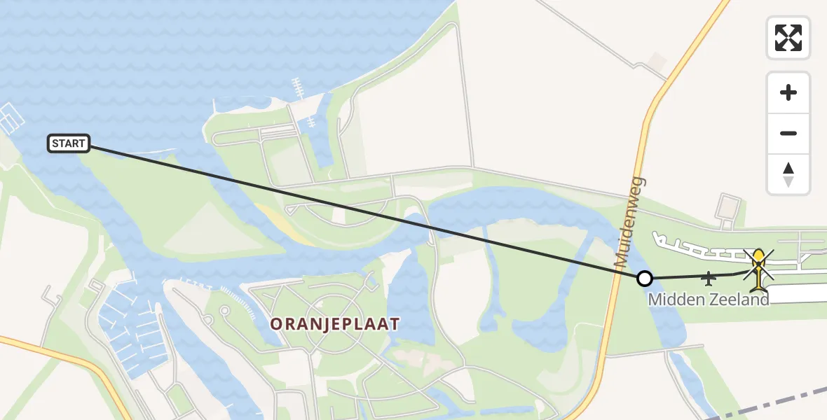 Routekaart van de vlucht: Kustwachthelikopter naar Vliegveld Midden-Zeeland, Muidenweg