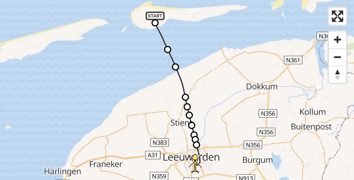 Routekaart van de vlucht: Ambulancehelikopter naar Leeuwarden, Jelmeraweg