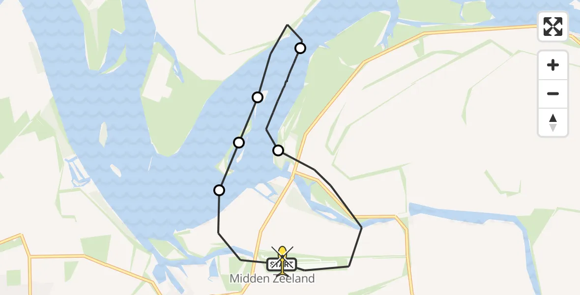 Routekaart van de vlucht: Kustwachthelikopter naar Vliegveld Midden-Zeeland, Pietweg