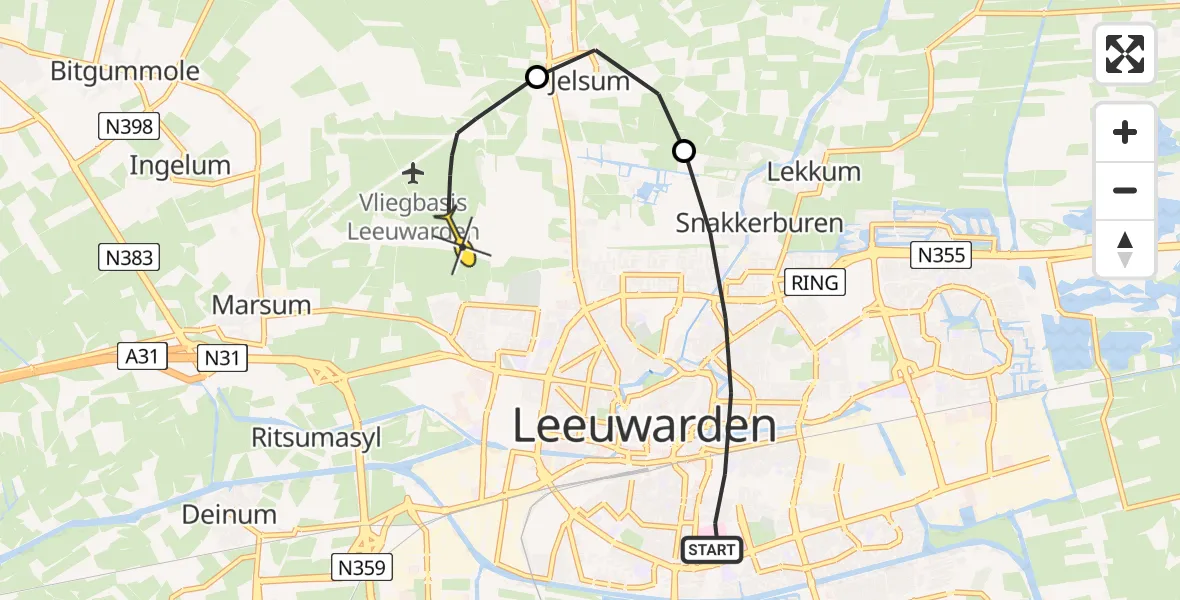 Routekaart van de vlucht: Ambulanceheli naar Vliegbasis Leeuwarden, Evertsenstraat