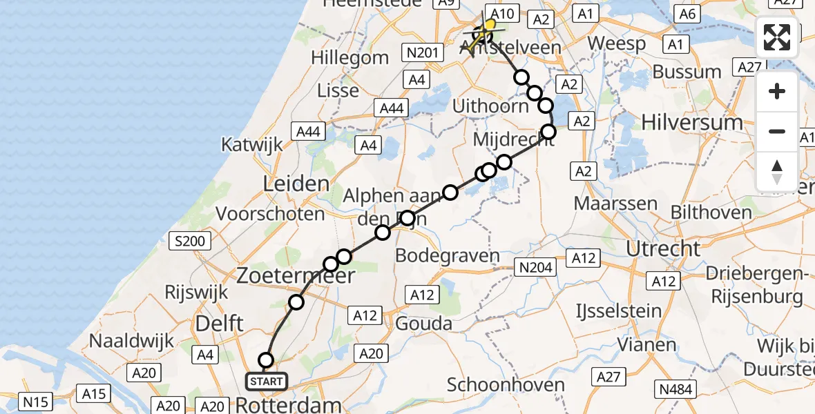 Routekaart van de vlucht: Politieheli naar Schiphol, A16 Rotterdam