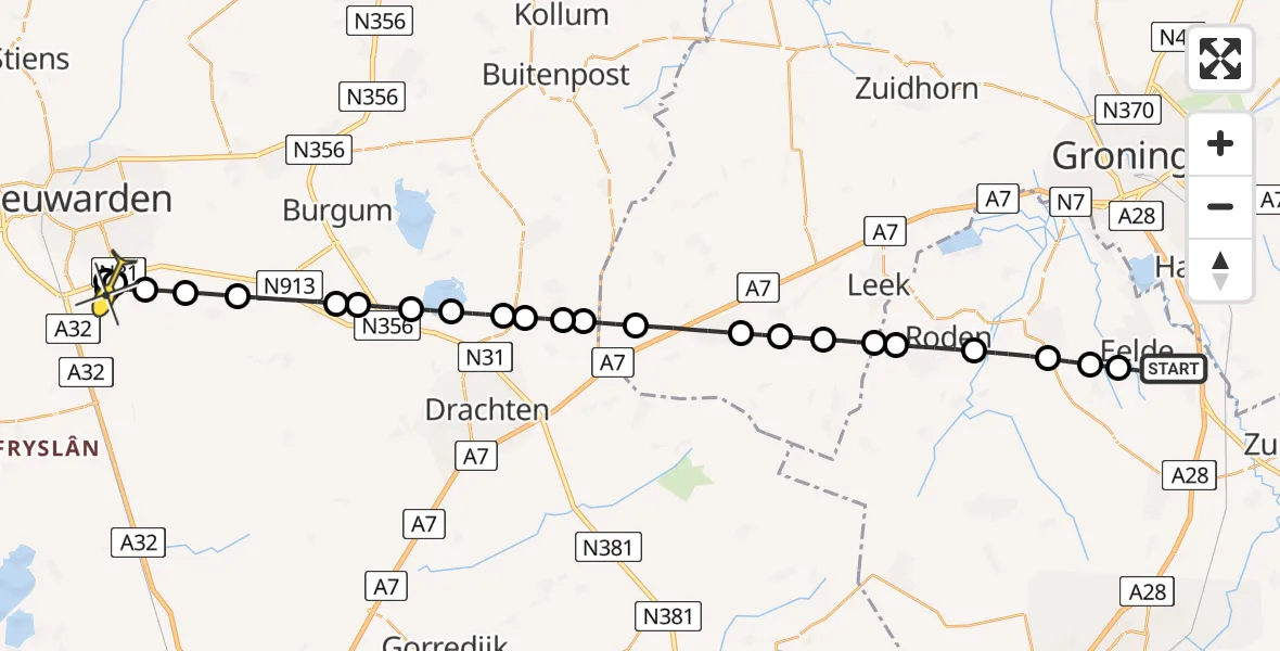 Routekaart van de vlucht: Lifeliner 4 naar Wergea, Molenweg