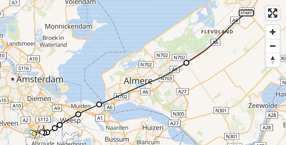 Routekaart van de vlucht: Lifeliner 3 naar Academisch Medisch Centrum (AMC), Rijksweg A6 de Aalscholver