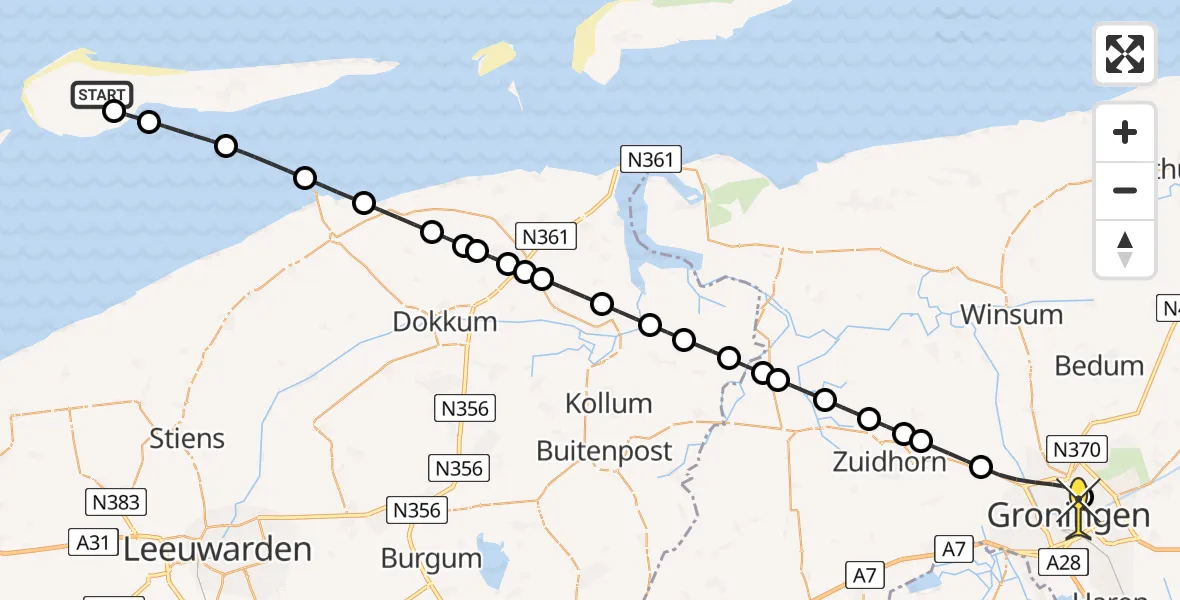 Routekaart van de vlucht: Ambulanceheli naar Universitair Medisch Centrum Groningen, Ballumermieden