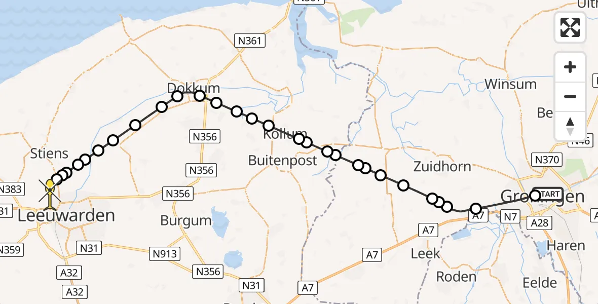 Routekaart van de vlucht: Ambulancehelikopter naar Vliegbasis Leeuwarden, Oude Kijk in 't Jatstraat