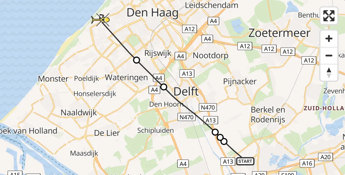 Routekaart van de vlucht: Lifeliner 2 naar Den Haag, Hofweg