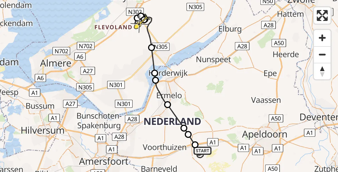 Routekaart van de vlucht: Politiehelikopter naar Lelystad Airport, Bosbergerweg