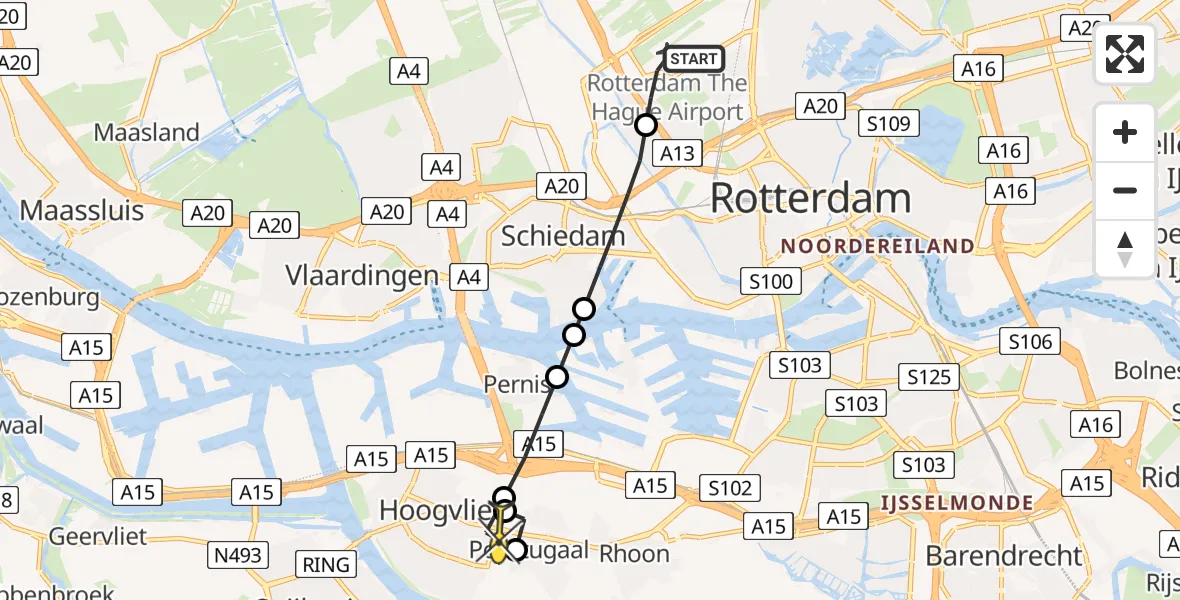 Routekaart van de vlucht: Lifeliner 2 naar Hoogvliet, Rotterdam Airportbaan