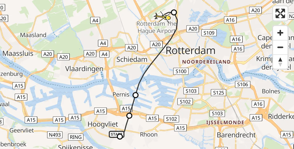 Routekaart van de vlucht: Lifeliner 2 naar Rotterdam The Hague Airport, Meester Pieter Cornelisz. Vermaatlaan
