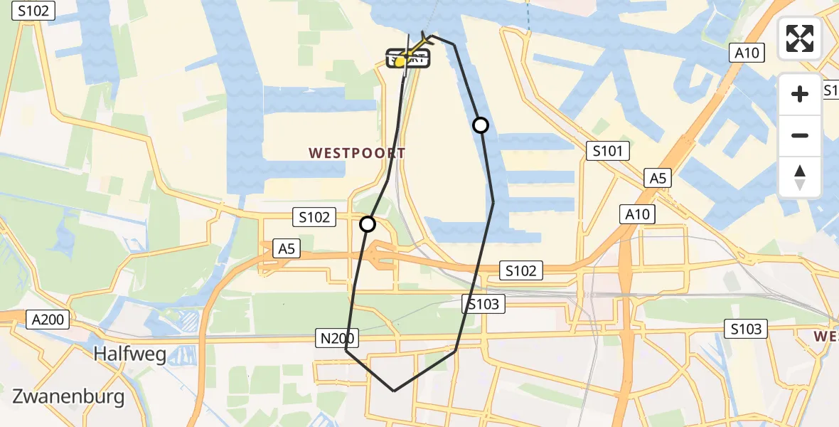 Routekaart van de vlucht: Lifeliner 1 naar Amsterdam Heliport, Nieuw-Zeelandweg