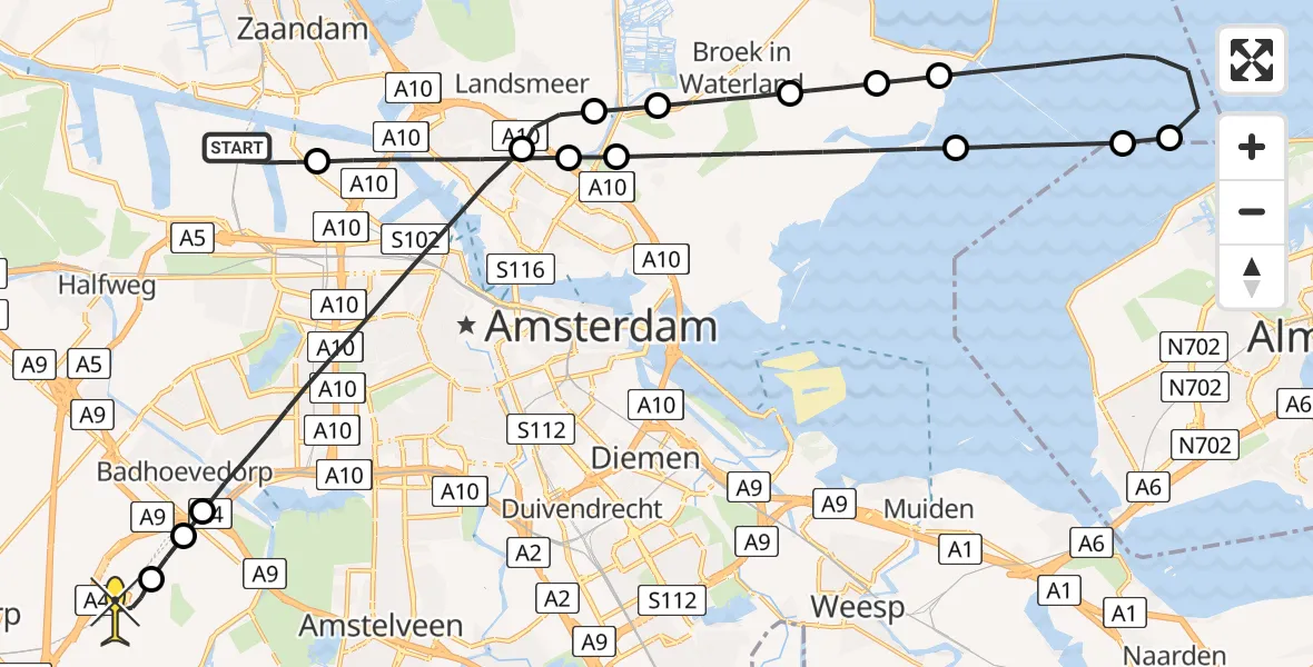 Routekaart van de vlucht: Lifeliner 1 naar Luchthaven Schiphol, Kompasweg