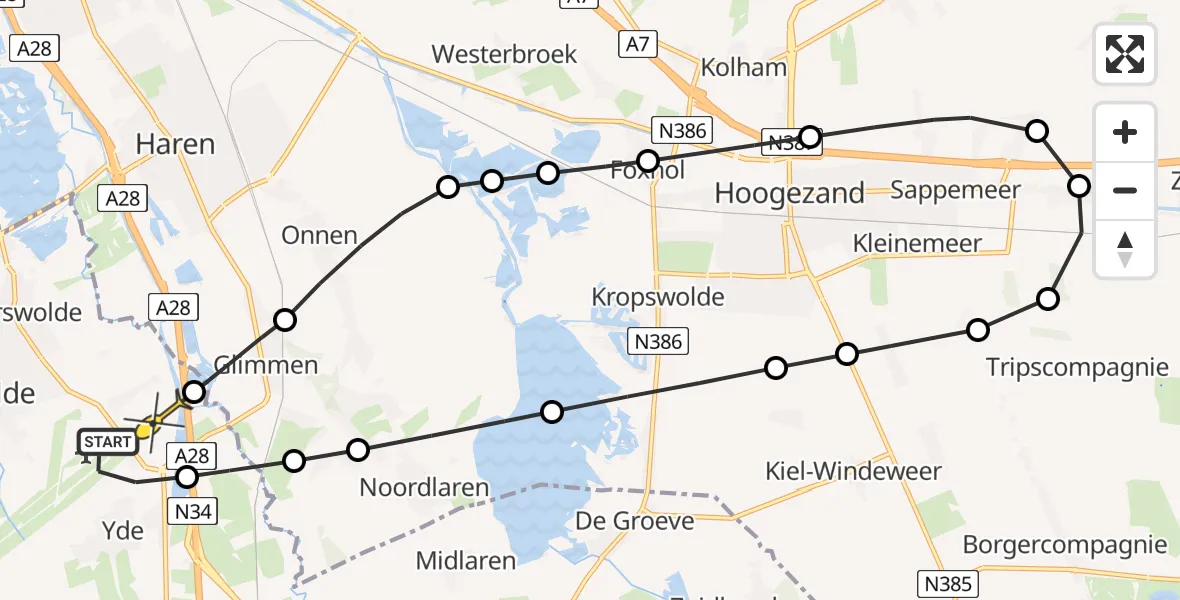 Routekaart van de vlucht: Lifeliner 4 naar Eelde, Duinstraat