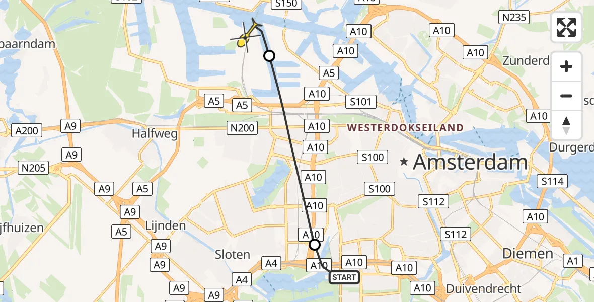 Routekaart van de vlucht: Lifeliner 1 naar Amsterdam Heliport, Jachthavenweg