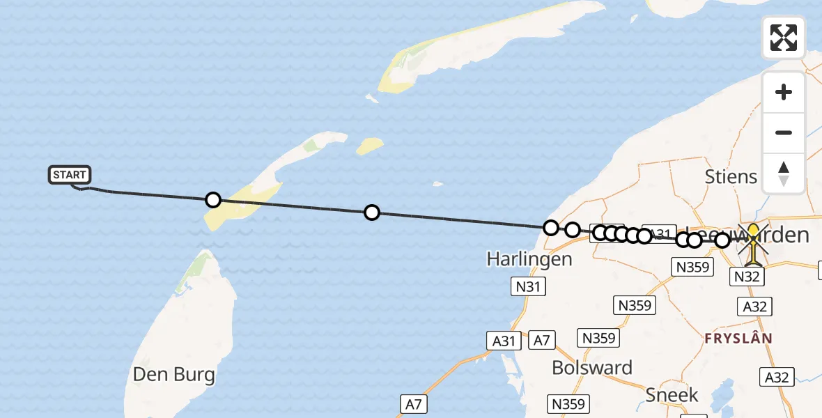 Routekaart van de vlucht: Kustwachthelikopter naar Leeuwarden, Aldlânsdyk