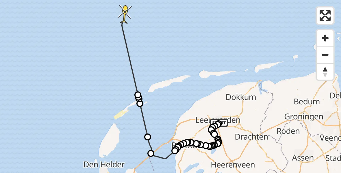Routekaart van de vlucht: Kustwachthelikopter naar Wergeasterdyk