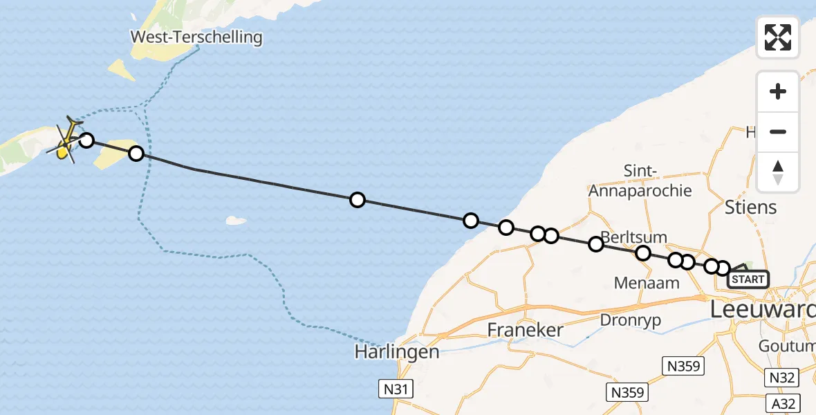 Routekaart van de vlucht: Ambulanceheli naar Vlieland Heliport, Keegsdijkje