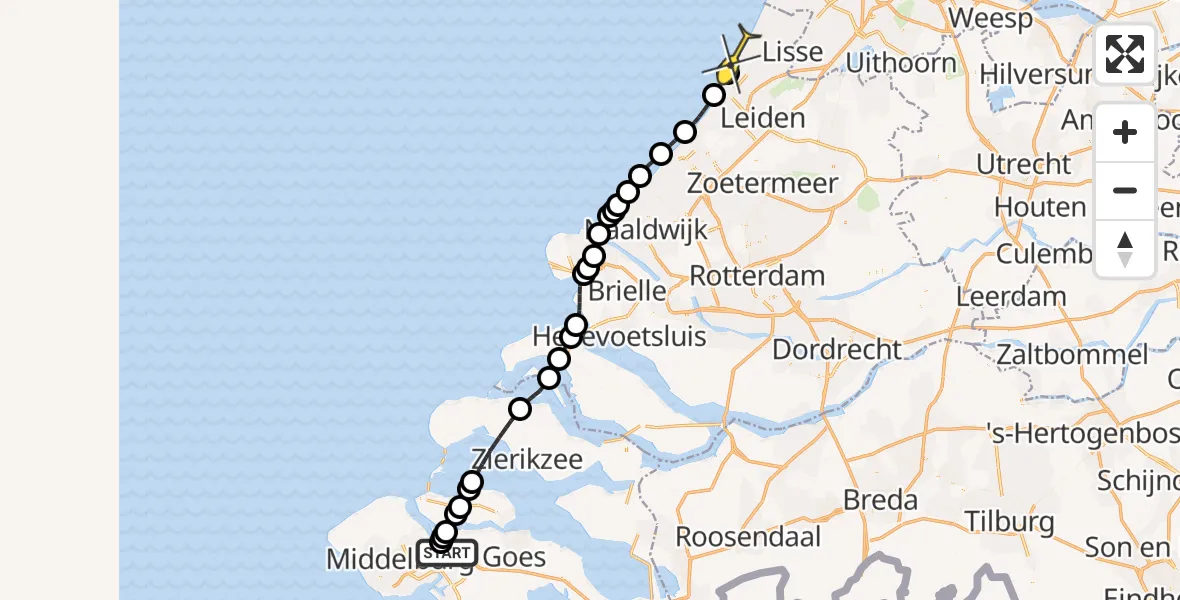Routekaart van de vlucht: Kustwachthelikopter naar Noordwijk, Oranjeplaatweg