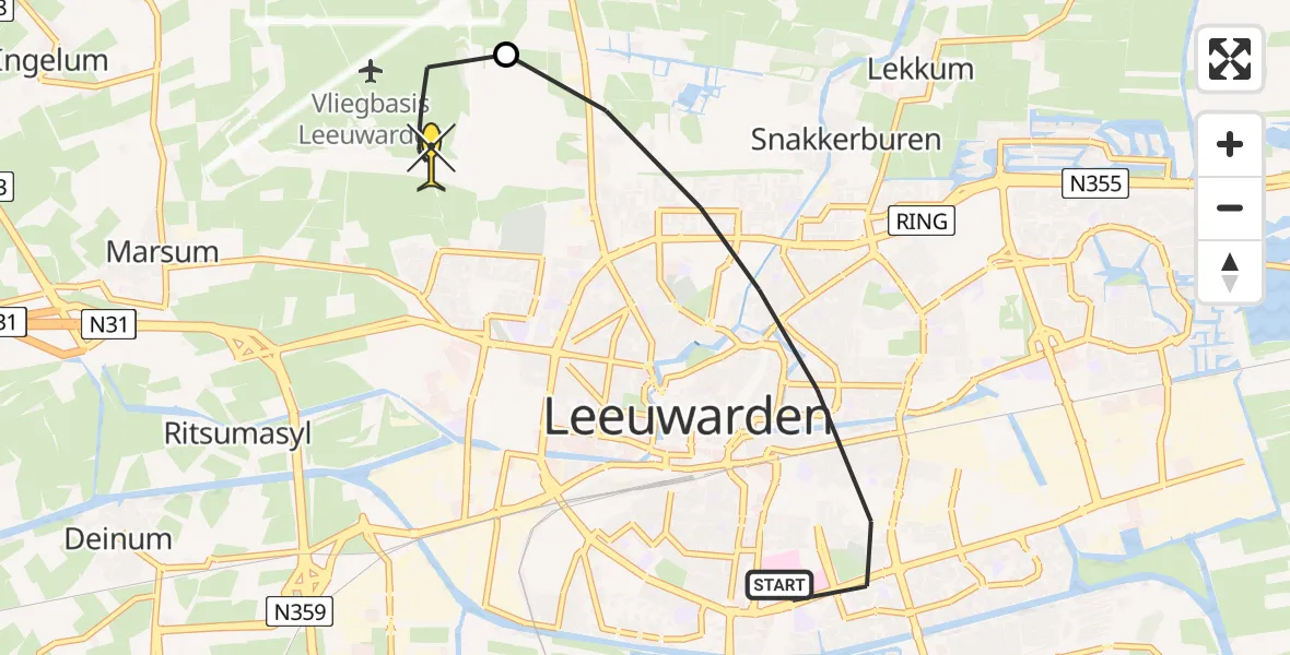 Routekaart van de vlucht: Ambulancehelikopter naar Vliegbasis Leeuwarden, Tijnjedijk