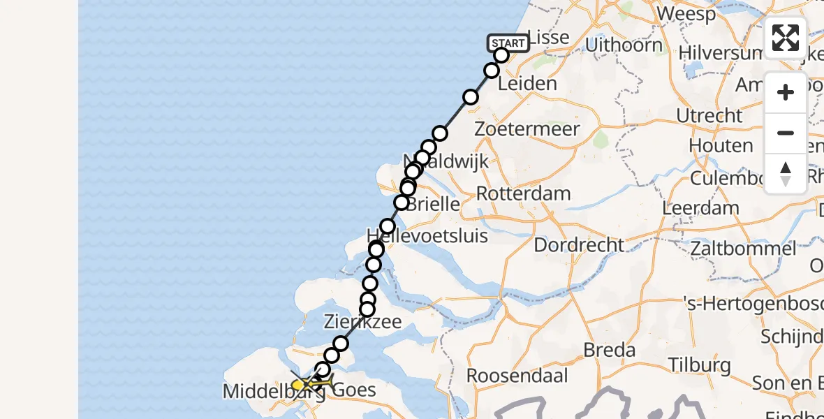 Routekaart van de vlucht: Kustwachthelikopter naar Vliegveld Midden-Zeeland, Koningin Astrid Boulevard