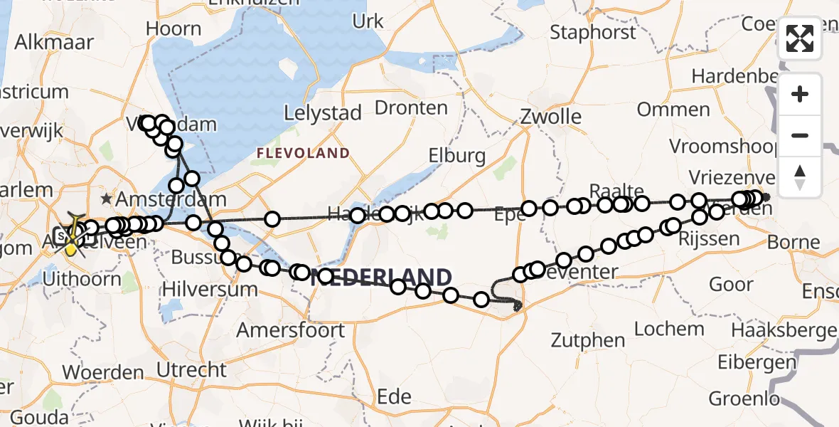 Routekaart van de vlucht: Politieheli naar Schiphol, Amsterdam-Bataviaweg