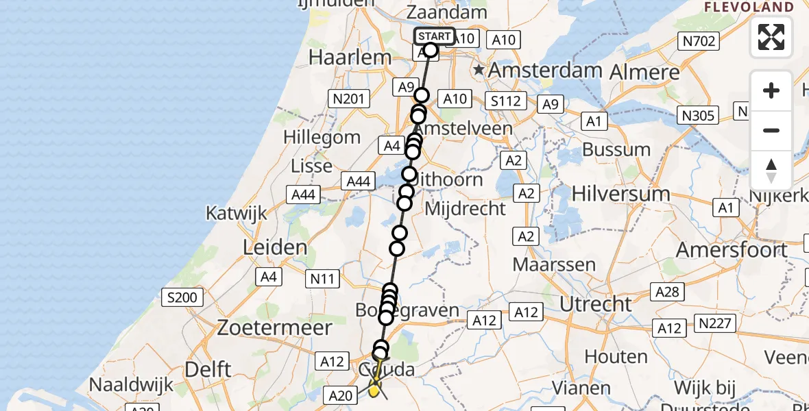 Routekaart van de vlucht: Lifeliner 1 naar Gouda, Nieuw-Zeelandweg
