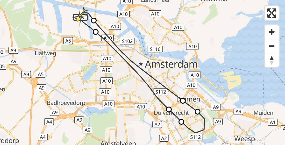 Routekaart van de vlucht: Lifeliner 1 naar Amsterdam Heliport, Westhaven