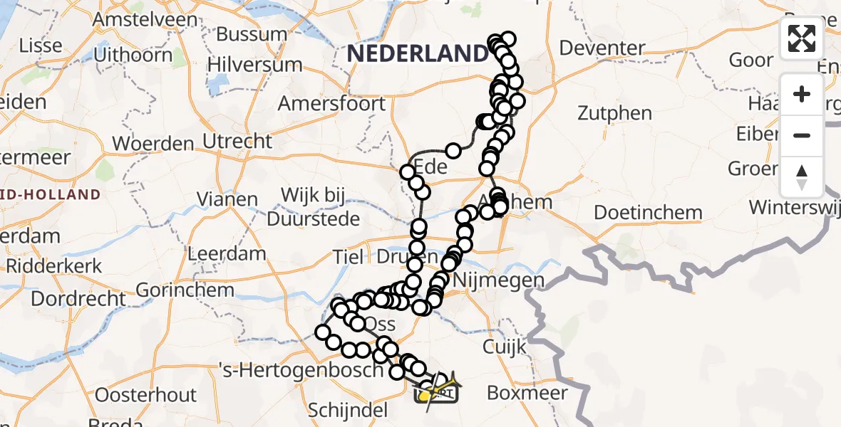 Routekaart van de vlucht: Politieheli naar Vliegbasis Volkel, Kromstraat