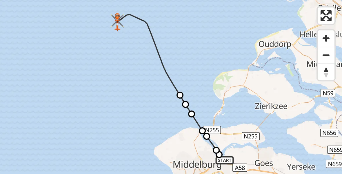 Vluchtroute Kustwachthelikopter Vliegveld Midden-Zeeland - , 23 november 2025, 14:02