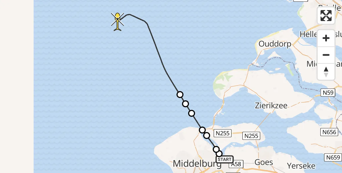 Routekaart van de vlucht: Kustwachthelikopter naar Oranjeplaatweg