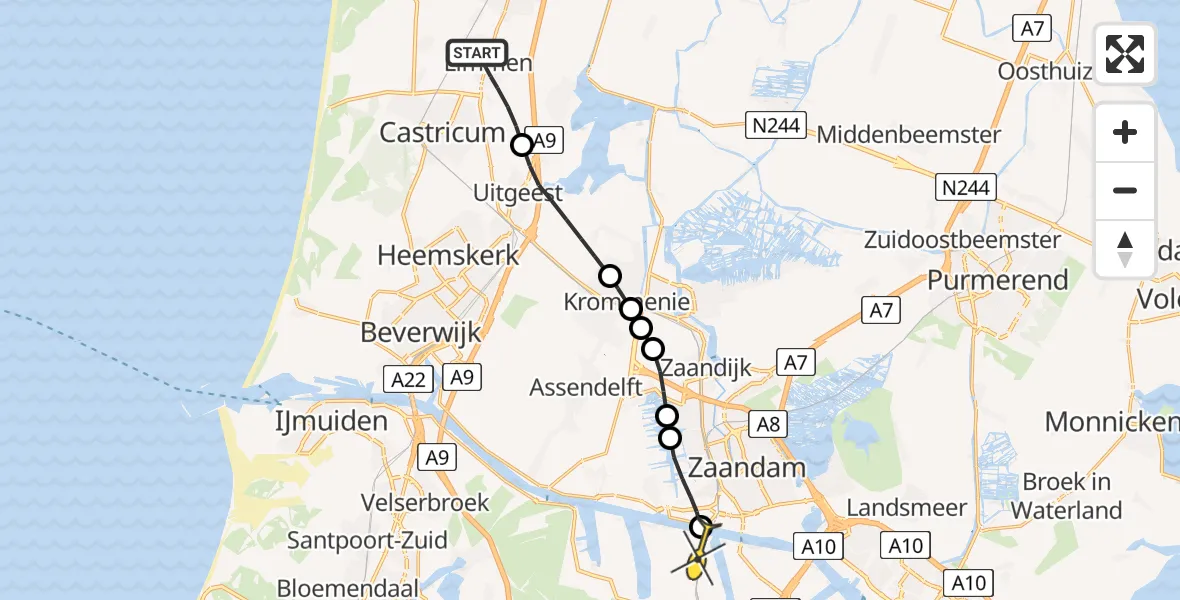 Routekaart van de vlucht: Lifeliner 1 naar Amsterdam Heliport, Schoolweg