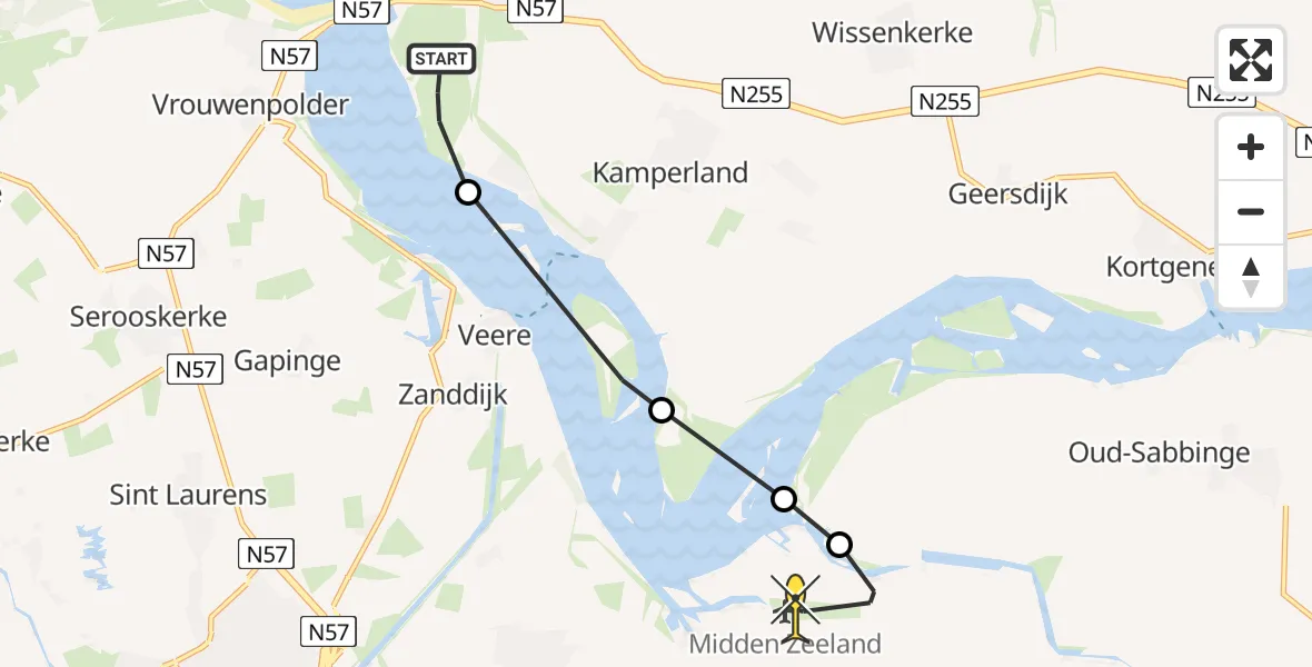 Routekaart van de vlucht: Kustwachthelikopter naar Vliegveld Midden-Zeeland, Schotsmanweg