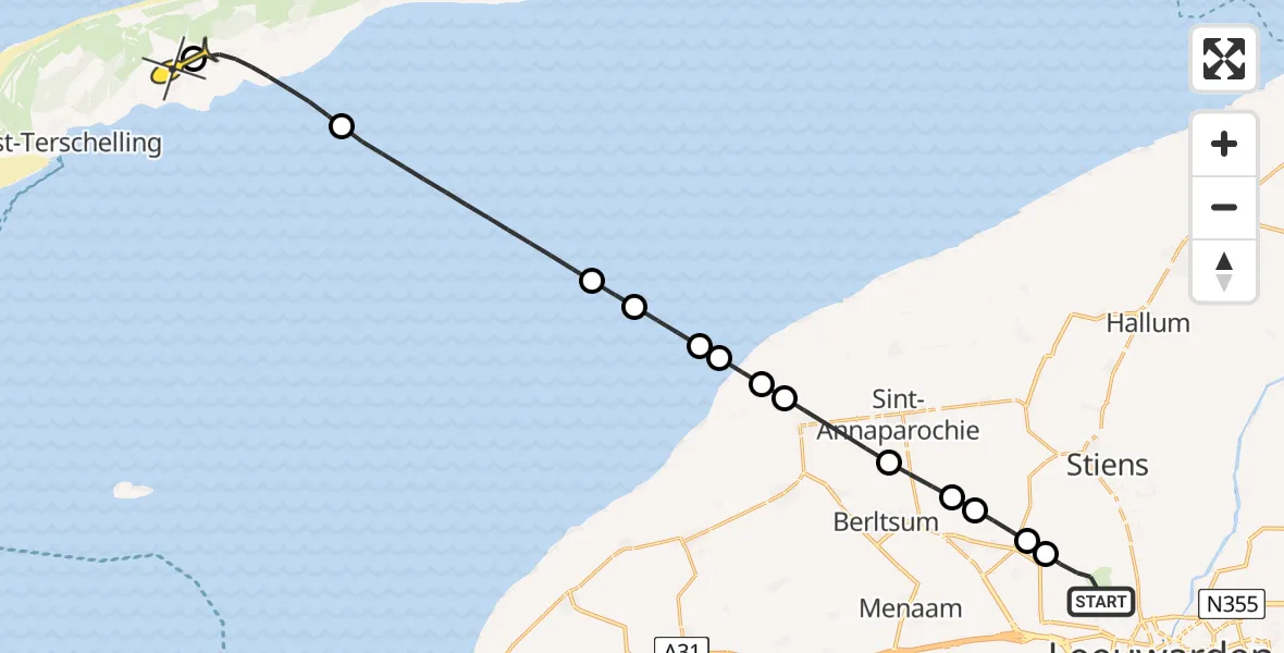 Routekaart van de vlucht: Ambulanceheli naar Midsland, Keegsdijkje