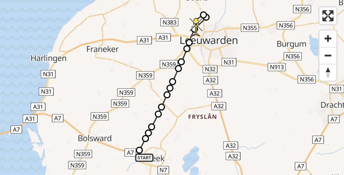 Routekaart van de vlucht: Ambulanceheli naar Vliegbasis Leeuwarden, Zadelmakersstraat