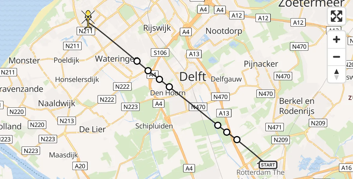 Routekaart van de vlucht: Lifeliner 2 naar Den Haag, A. Kortekaasstraat