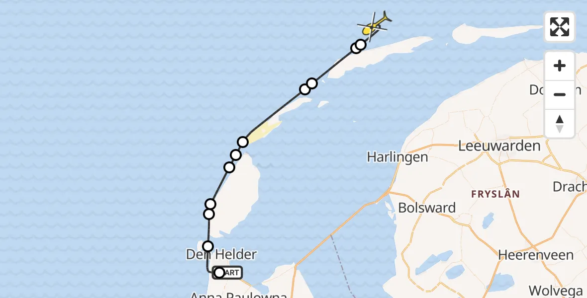 Routekaart van de vlucht: Kustwachthelikopter naar Kortevliet
