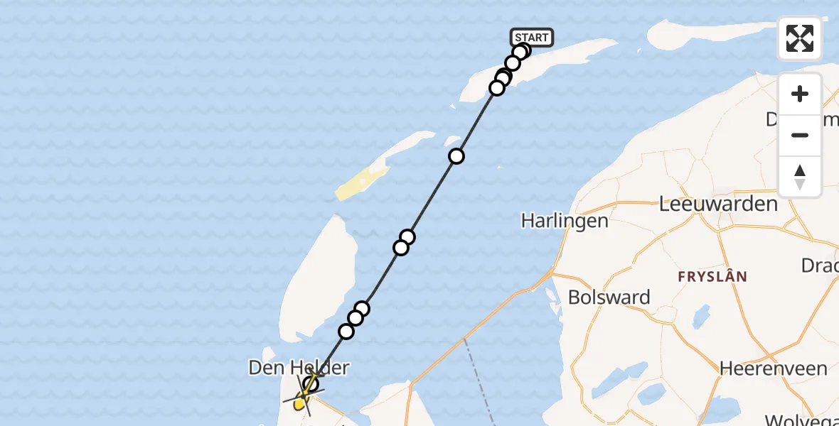 Routekaart van de vlucht: Kustwachthelikopter naar Vliegveld De Kooy, Badweg Hoorn