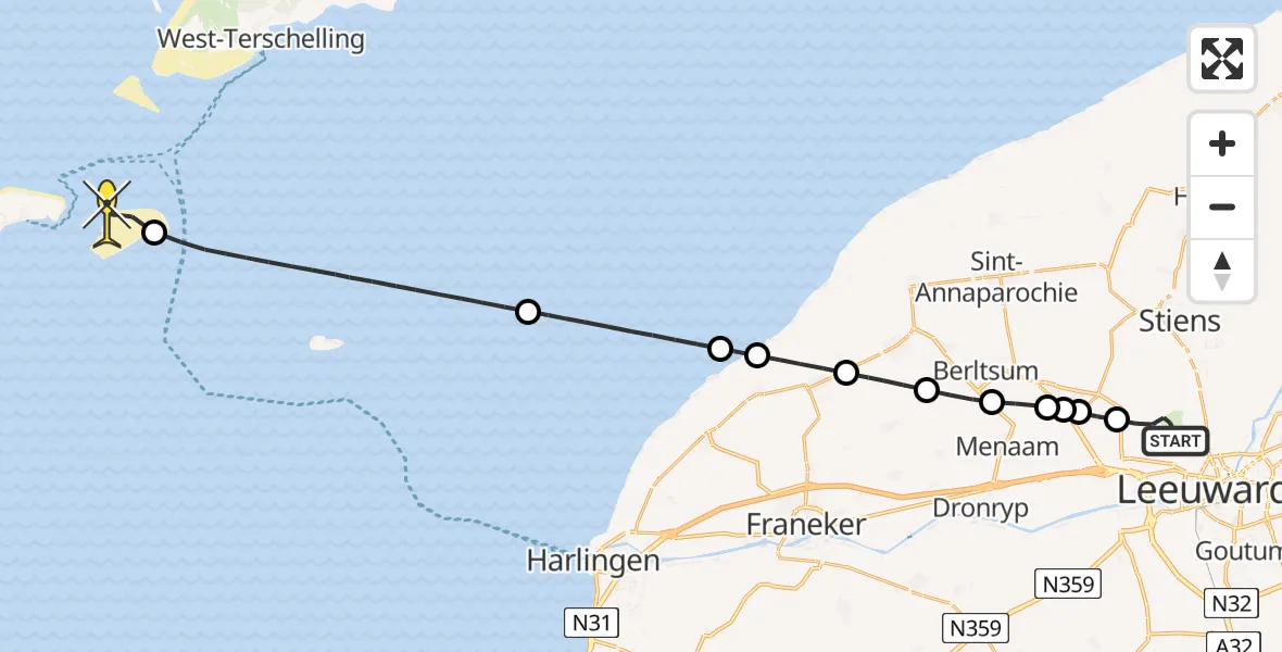 Routekaart van de vlucht: Ambulanceheli naar Vlieland, Keegsdijkje