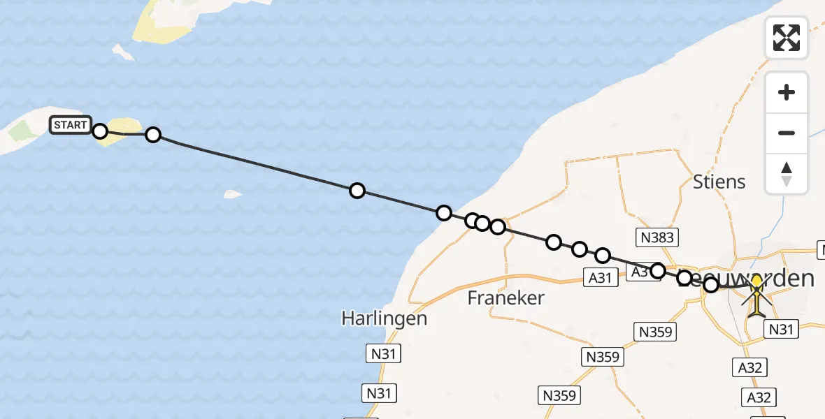Routekaart van de vlucht: Ambulanceheli naar Leeuwarden, Haven Vlieland