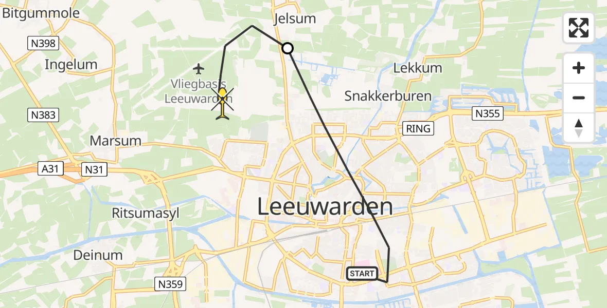Routekaart van de vlucht: Ambulancehelikopter naar Vliegbasis Leeuwarden, Huizum-Dorp