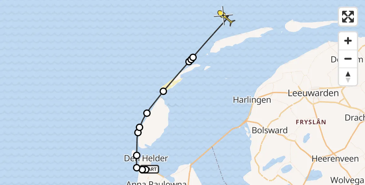 Routekaart van de vlucht: Kustwachthelikopter naar Hendrika's hoeve