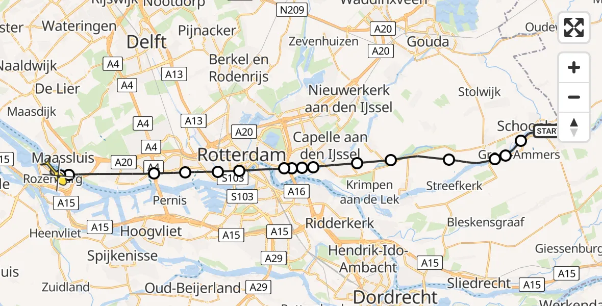 Routekaart van de vlucht: Lifeliner 2 naar Rozenburg, Lekdijk-West