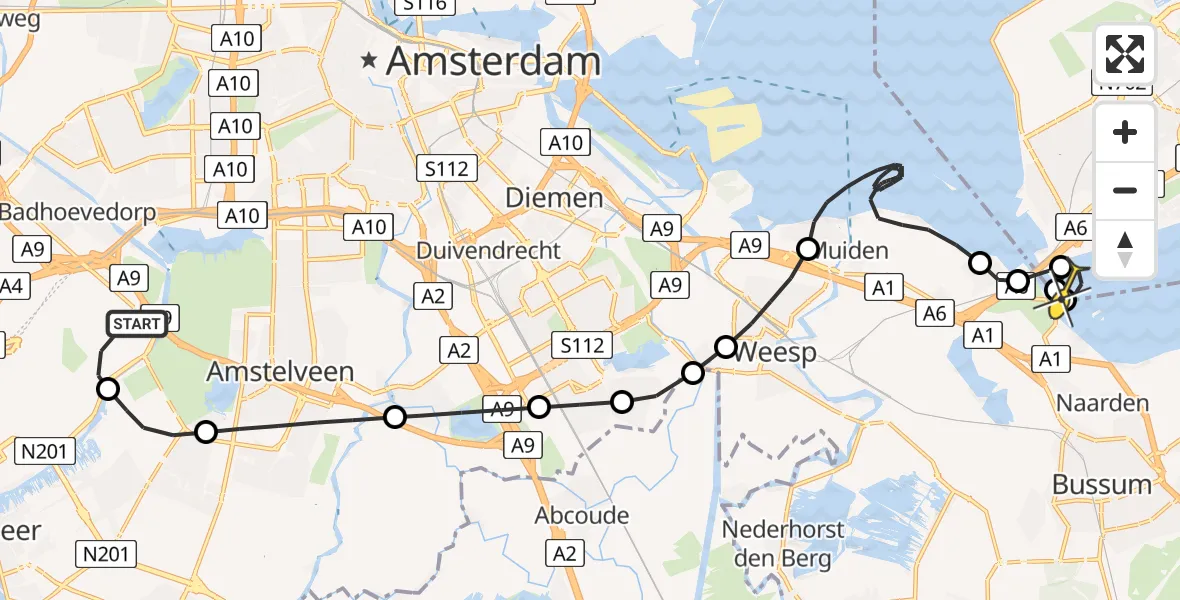 Routekaart van de vlucht: Politiehelikopter naar Almere, Amsterdam-Bataviaweg